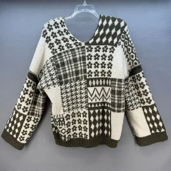 Pol Anthropologie Sweater Women's L Green Cream Loose Weave Oversized Preppy - Picture 2 of 11